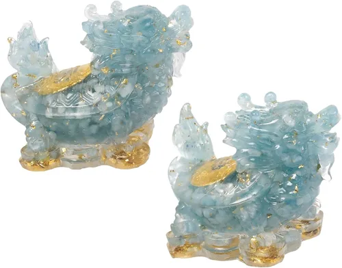 Vista 9 de SUNYIK Paquete de 2 estatuas de tortuga de dragón de cristal de resina, piedra curativa de tortuga de dragón Feng Shui, decoración para el hogar