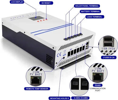 Vista 3 de Controlador de carga solar MPPT de 100 amperios 48 V, 36 V, 24 V, 12 V, auto, panel solar de entrada máxima de 150 V, panel solar de 100 A, potencia