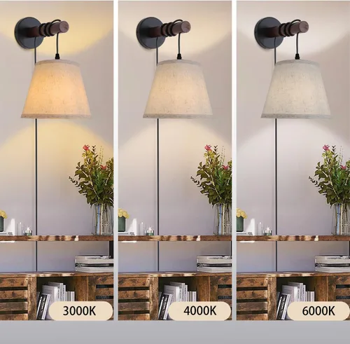 Vista 3 de Apliques de pared enchufables, lámpara de pared de cabecera con brazo de madera, luz de pared de tela con interruptor de encendido/apagado