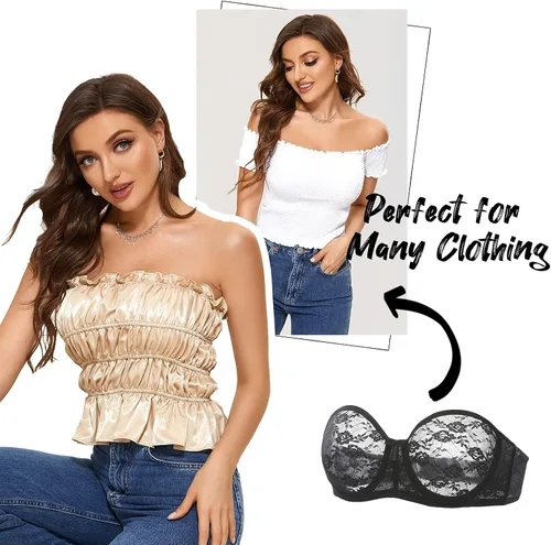 Vista 6 de DOBREVA Sujetador de encaje sin relleno sin tirantes para mujer con aros Multiway Transparente
