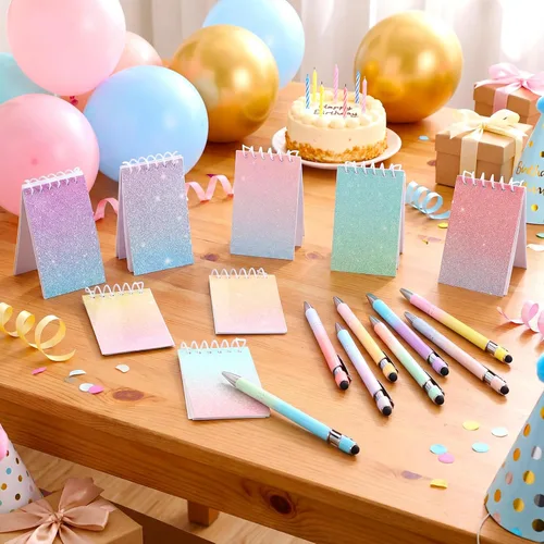 Vista 7 de Sherr Juego de 16 bolígrafos y cuadernos con purpurina, mini bloc de notas en espiral, bolígrafos elegantes para niños y niñas, lentejuelas