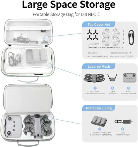 Vista 2 de NEO 2 - Funda rígida impermeable para accesorios DJI Neo 2, bolsa de almacenamiento de viaje para DJI Neo 2 Fly More Combo, compatible con control
