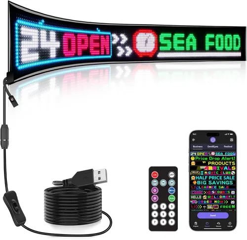 Vista 9 de Rayhome Mini letrero LED para automóvil, 6.7 x 2.76 pulgadas, panel de matriz LED flexible, USB 5 V, control de aplicación Bluetooth, letrero LED