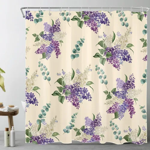 Vista 14 de EOBTAIN Cortina de ducha floral púrpura para baño, flores de acuarela y hojas de eucalipto verde sobre beige, cortina de ducha con 10 ganchos, juego