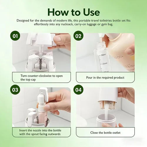 Vista 4 de Dispensador de viaje 4 en 1, botellas de viaje portátiles de 1.0 fl oz para artículos de tocador, a prueba de fugas, recipientes de tamaño de viaje