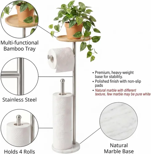 Vista 3 de Soporte para papel higiénico con bandeja grande de bambú de 7.9 pulgadas, base de mármol más pesada de 2.2 libras, soporte de papel de pie