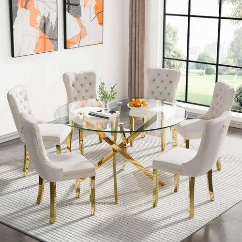 Vista 104 de Juego de mesa de comedor SSLine moderno de 3 piezas con mesa redonda de vidrio para 2, lujosa mesa de comedor circular de 36" con tapa de vidrio