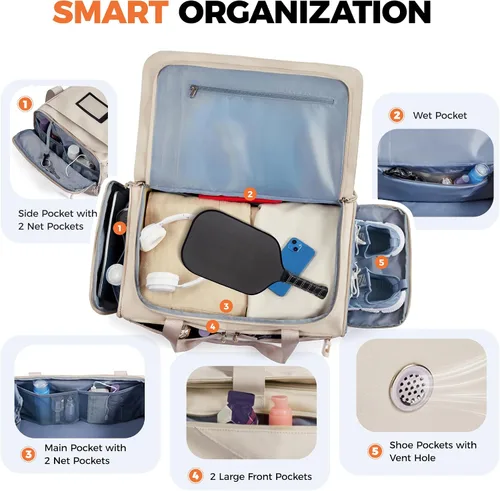 Vista 3 de Mochila de lona resistente al agua 40L con compartimento para zapatos y bolsillo húmedo Beige