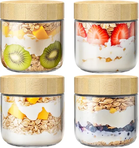Vista 10 de Paquete de 2 recipientes para avena nocturna de 10 onzas con tapas de bambú, frascos de vidrio con tapas herméticas para preparación de comidas
