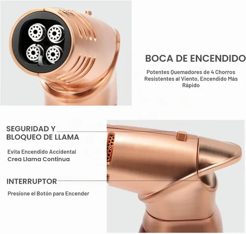 Vista 3 de Encendedor de antorcha, Quad 4 Jet Flame a prueba de viento de butano recargable con bloqueo de seguridad para cocina, parrilla, barbacoa, vela