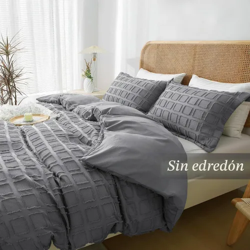 Vista 5 de MILDLY Juego de funda de edredón de tejido gofre, funda de edredón gris copetuda, 100% microfibra lavada, suave y transpirable, con textura, cierre