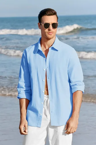 Vista 4 de Camisas con botones para hombre, manga larga, lino, playa, casual, algodón, para verano, ligeras