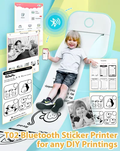 Vista 2 de Phomemo T02 - Juego de impresora con 3 rollos de impresora sin tinta de papel, mini impresora de calcomanías para impresora Bluetooth térmica