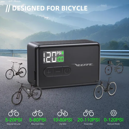 Vista 6 de Tiny Pump Mini Bike Tire Pump - Max 120PSI Portable Electric Bicycle Pump with Fast Inflation Auto Stop - Bicycle Inflator with Presta Schrader