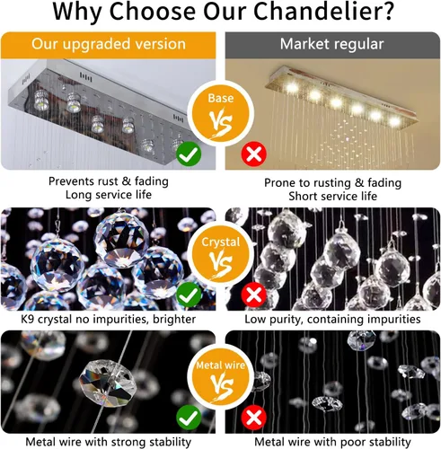 Vista 7 de Araña moderna de onda, araña rectangular de cristal con gotas de lluvia, montaje empotrado, lámpara colgante de techo cromada, ideal para comedor