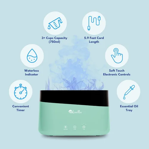 Vista 2 de LivePure LP300HUM Aqua Flame Humidificador de niebla fría – Pequeño humidificador ultrasónico de plantas para interiores con difusor de aceite