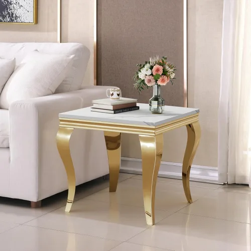 Vista 45 de SSLine Mesa de Centro Rectangular de Mármol Sintético para Sala de Estar, Mesa Central Moderna de Mármol Blanco de Lujo con Base Doble en Forma de U