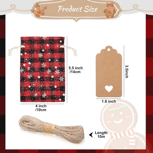 Vista 3 de Shappy 48 bolsas de Navidad con cordón, bolsas de dulces de arpillera a cuadros búfalo de Navidad, saco de golosinas de lino, obsequio para fiestas
