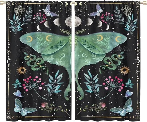 Vista 50 de Cortinas de mariposa de fantasía, polilla, sol, luna, estrella, arte floral, estampado floral, bolsillo para barra, cortinas opacas para ventana