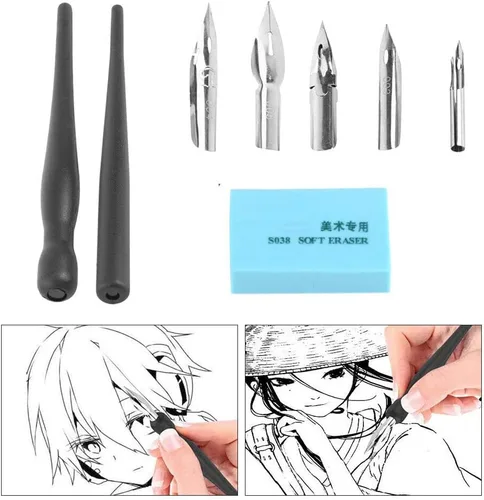 Vista 2 de Estink Manga Cartoon Comic - Juego de bolígrafos de caligrafía con 2 soportes para bolígrafos y 5 puntas de repuesto para dibujar y pintar