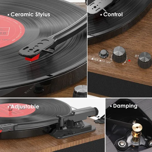Vista 6 de Tocadiscos de vinilo Bluetooth de 3 velocidades de tamaño completo con entrada/salida Bluetooth, altavoces integrados, contrapeso y parada Canela