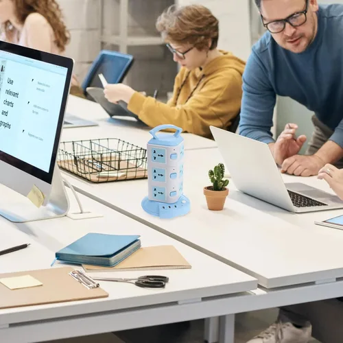 Vista 3 de Sewroro Regleta de alimentación USB con tomas verticales, control individual para cada sección de enchufe, cable de extensión azul, adecuado
