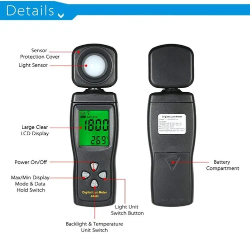 Vista 2 de Medidor Digital de Lux, Iluminómetro, Fotómetro, Rango de Medición de 0～200.000 Lux, Selección de Unidad Lux/FC para Hogares, Agricultura