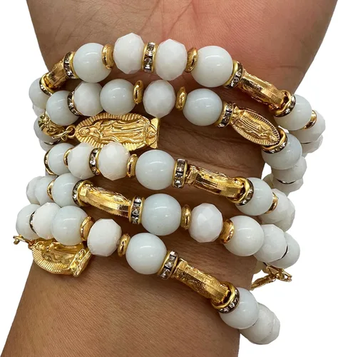 Vista 6 de Pulsera Rosario Lady Guadalupe Blanca – Bautizo Favor/Virgen De Guadalupe/Bautizo Recuerdos de Bautizo/Quinceañera/Baby Shower – 12 PCS