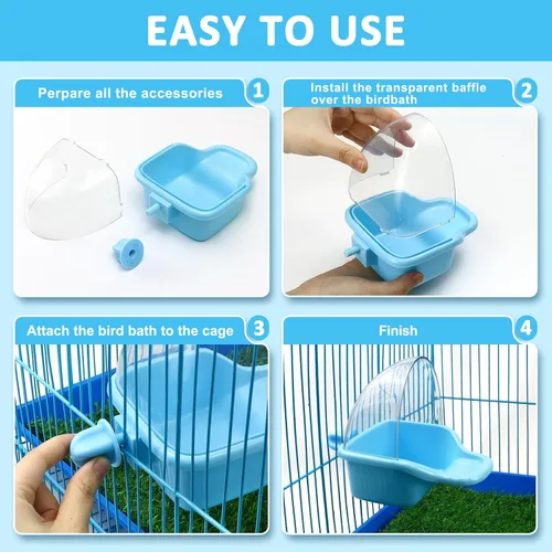 Vista 3 de Caja de baño para pájaros colgante, juguete de periquitos, bañeras enjauladas, tina de loro para ducha de agua, alimentador de alimentos, bandeja
