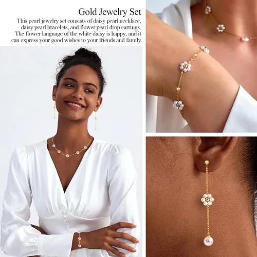 Vista 4 de Zeffy Collar de perlas de oro para mujer, delicado chapado en oro de 14 quilates, gargantilla de perlas en capas, aretes de perlas, pulseras