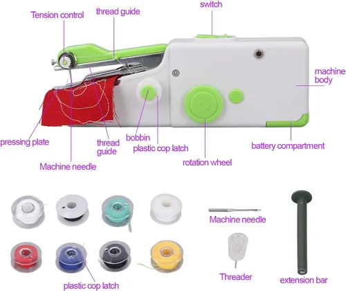 Vista 8 de Máquina de coser de mano, máquina de reparar portátil, máquina de coser eléctrica de costura rápida para ropa, telas, pañuelos de bricolaje, viajes