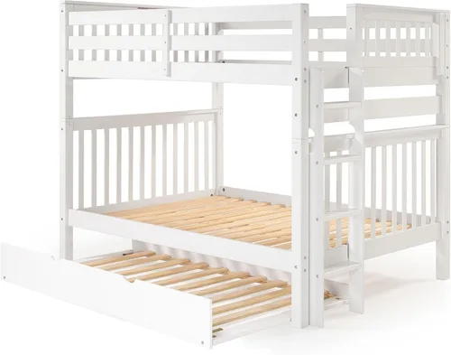 Vista 3 de Bedz King Literas de tamaño matrimonial sobre Full Mission Style con escalera final y cama nido individual, color blanco