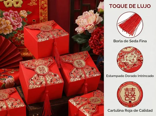 Vista 4 de Abaodam Cajas de dulces de boda chinas, 80 cajas de regalo chinas con borla para invitados, bolsa creativa de decoración de mesa para compromiso