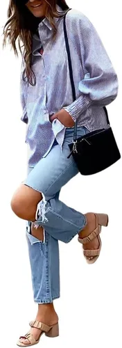 Vista 5 de OPOIPIN Blusa de manga larga con botones y bolsillo para mujer, con estampado a rayas