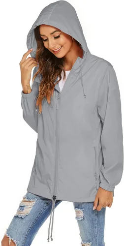 Vista 4 de Avoogue Chaqueta impermeable para mujer, ligera, transpirable, con capucha, rompevientos activos con bolsillo
