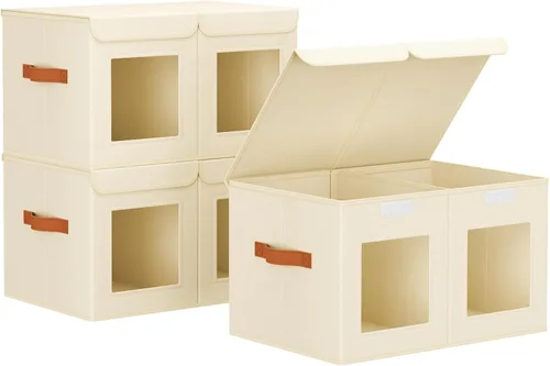 Vista 8 de Homsorout Contenedores grandes de almacenamiento para armario, organizador de ropa plegable dividido con tapas y doble ventana, contenedores Beige