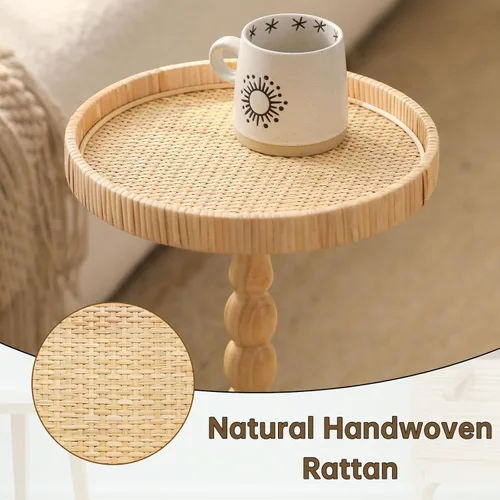 Vista 4 de Mesa pequeña para bebidas, mesa auxiliar redonda de ratán para espacios pequeños, mesa auxiliar bohemia con patas de madera maciza para sala