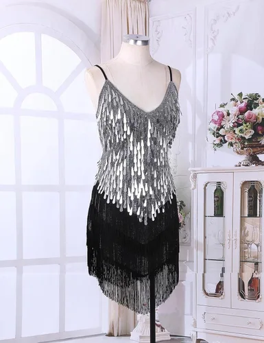 Vista 6 de Sywiyi Wonen's - Vestido de baile con flecos y lentejuelas brillantes, tango latino, Samba, con borlas y flecos, vestido de fiesta de noche