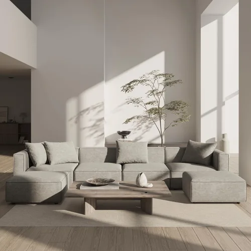 Vista 10 de Acanva Juego de Sofá Seccional Modular de Lujo para Sala de Estar, Sofá de Estilo Moderno Minimalista con Otomana y Chaise, Forma de U, Crema