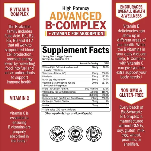 Vista 3 de Complejo de vitamina B con vitamina C para una máxima absorción, metilcobalamina b12 y suplemento de ácido fólico folato - B1 B2 B3 B5 B6 B7 B9