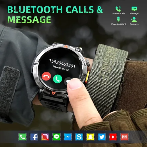 Vista 6 de Relojes inteligentes militares para hombres con GPS incorporado 3ATM impermeable con linterna de llamada/LED, reloj inteligente táctico resistente