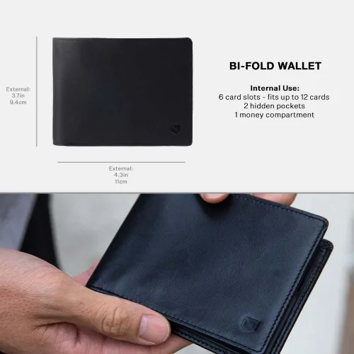 Vista 4 de SLNT - Cartera de piel napa con bloqueo de señal RFID y NFC, doble pliegue, asegura tu información, evita piratería y robo de identidad, 6 ranuras