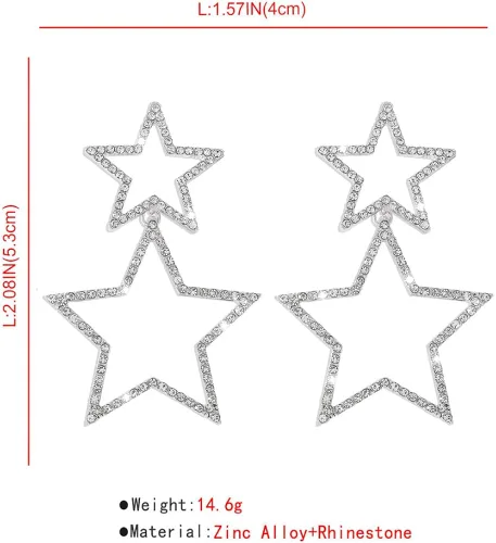 Vista 6 de Rhinestone Big Star Dangle Earrings for Women Girls Hypoallergenic Crystal Long Tassel Stars Charms Drop Dangling Stud Fashion Lightweight Festival
