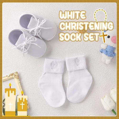 Vista 3 de Booulfi Calcetines para bebé, botines blancos para recién nacidos, zapatos de bautizo, calcetines para bebé, bautizo, trajes de Pascua