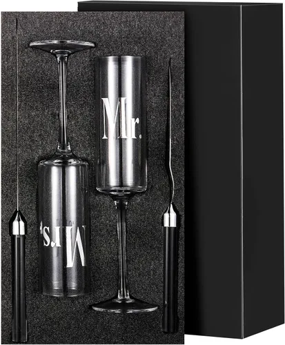 Vista 3 de Boao Juego de 4 flautas para tostadas de boda y servidor de tartas, suministros de recepción de boda, cilindro, copas de champán, cuchillo para Claro