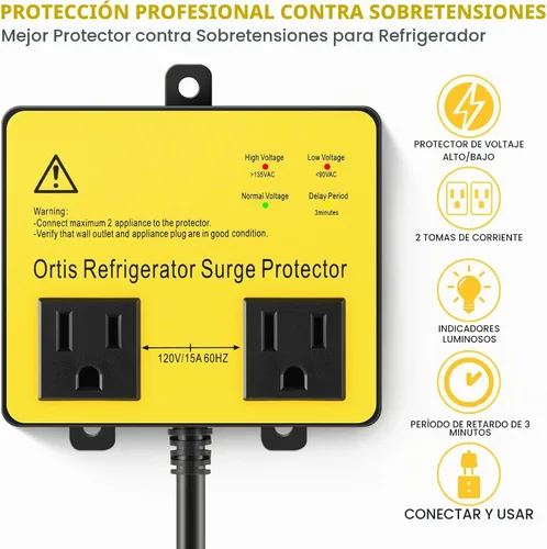Vista 2 de Protector contra sobretensiones para refrigerador, Ortis Protector de voltaje de doble toma para electrodomésticos con retraso de tiempo, protege
