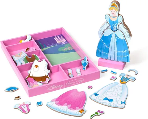 Vista 10 de Juego de princesas de madera con vestidos magnéticos para vestirlas de La Bella Durmiente y Blancanieves, de Melissa & Doug, más de 40 piezas Blanco