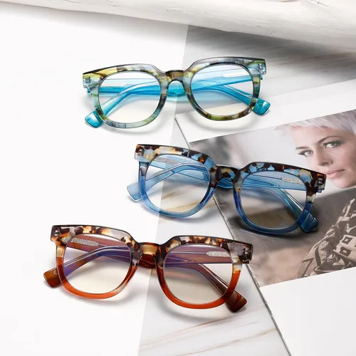 Vista 6 de Viseng Gafas de lectura de moda con bloqueo de luz azul cuadrada para mujer del mundo del espectáculo con estilo +0.0 (naranja)