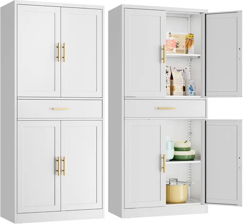 Vista 12 de Gabinete de metal para despensa de cocina, 71 pulgadas de alto x 28 pulgadas de ancho x 14 pulgadas de profundidad con 2 puertas y 4 estantes Negro