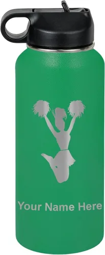 Vista 33 de LaserGram Botella de agua con tapa abatible de doble pared de 12 onzas con pajita, animadora, grabado personalizado incluido (negro)